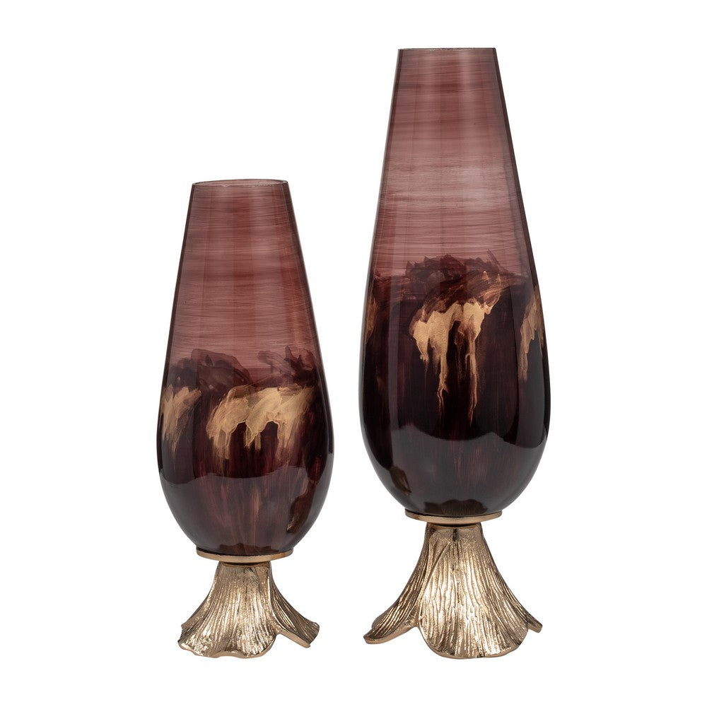 Enzie Decorative Vase | Sculpted Leaf Metal Base | Bronze Glass 15"