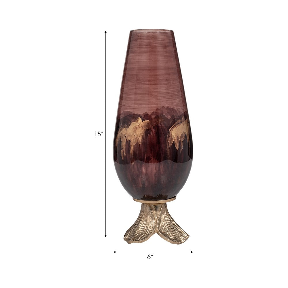 Enzie Decorative Vase | Sculpted Leaf Metal Base | Bronze Glass 15"