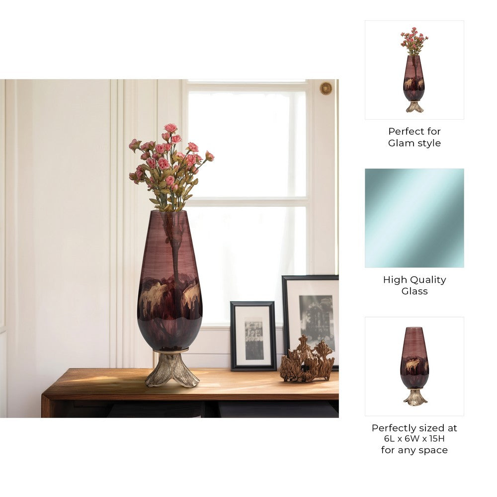 Enzie Decorative Vase | Sculpted Leaf Metal Base | Bronze Glass 15"