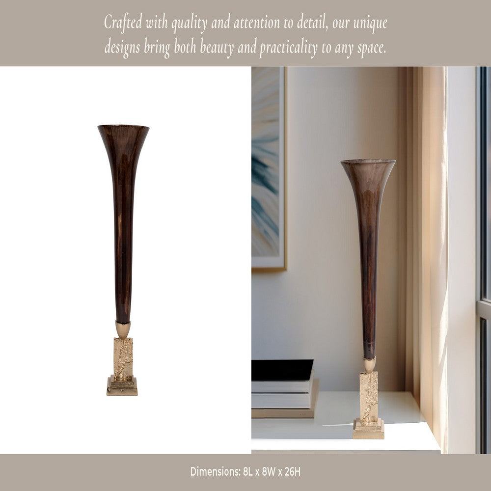 Decorative Trumpet Style Vase | 26" Tall Bronze Glass & Gold Finished Base