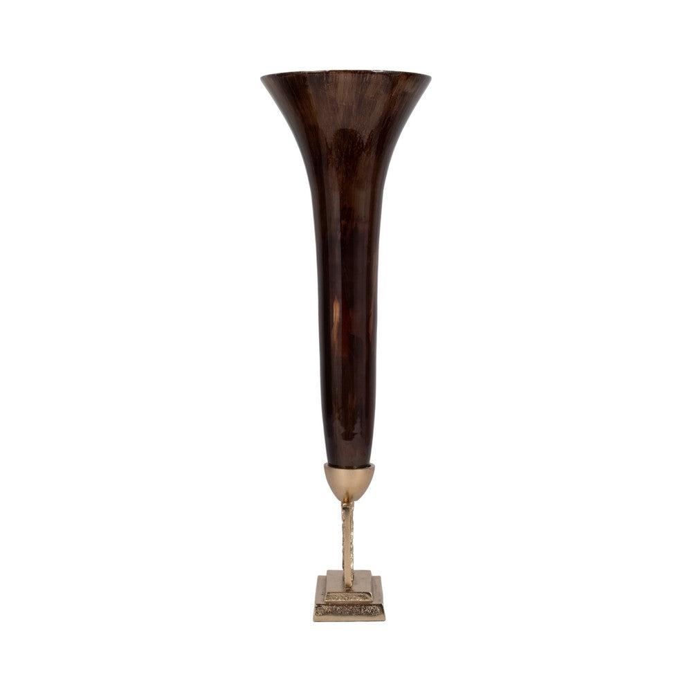 Decorative Trumpet Style Vase | 26" Tall Bronze Glass & Gold Finished Base