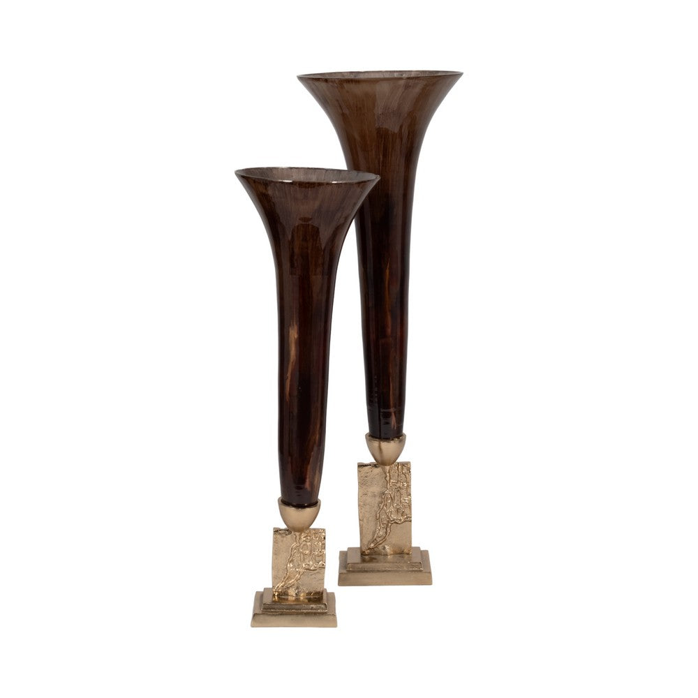 Decorative Trumpet Style Vase | 26" Tall Bronze Glass & Gold Finished Base