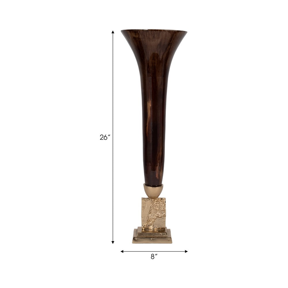 Decorative Trumpet Style Vase | 26" Tall Bronze Glass & Gold Finished Base