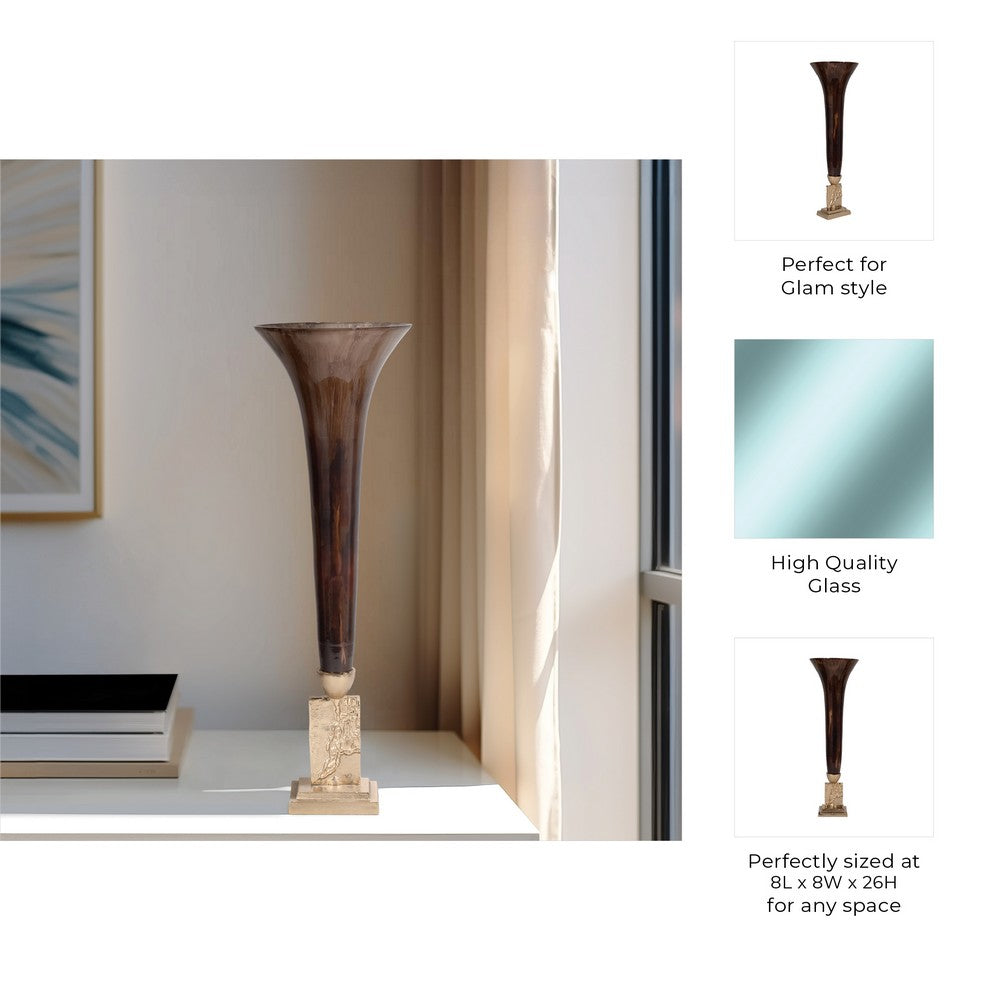 Decorative Trumpet Style Vase | 26" Tall Bronze Glass & Gold Finished Base