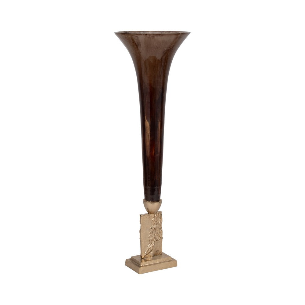 Decorative Accent Trumpet Floor Vase | Brown Glass | 31" Gold Base