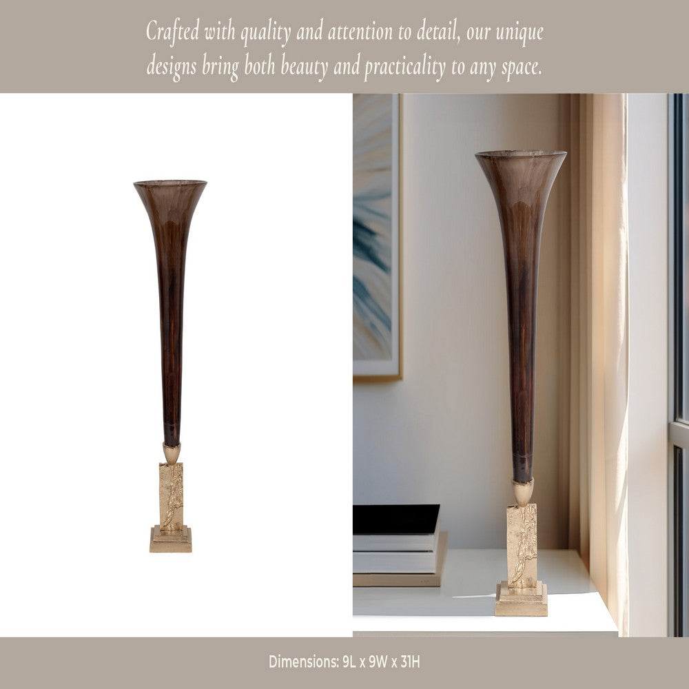 Decorative Accent Trumpet Floor Vase | Brown Glass | 31" Gold Base