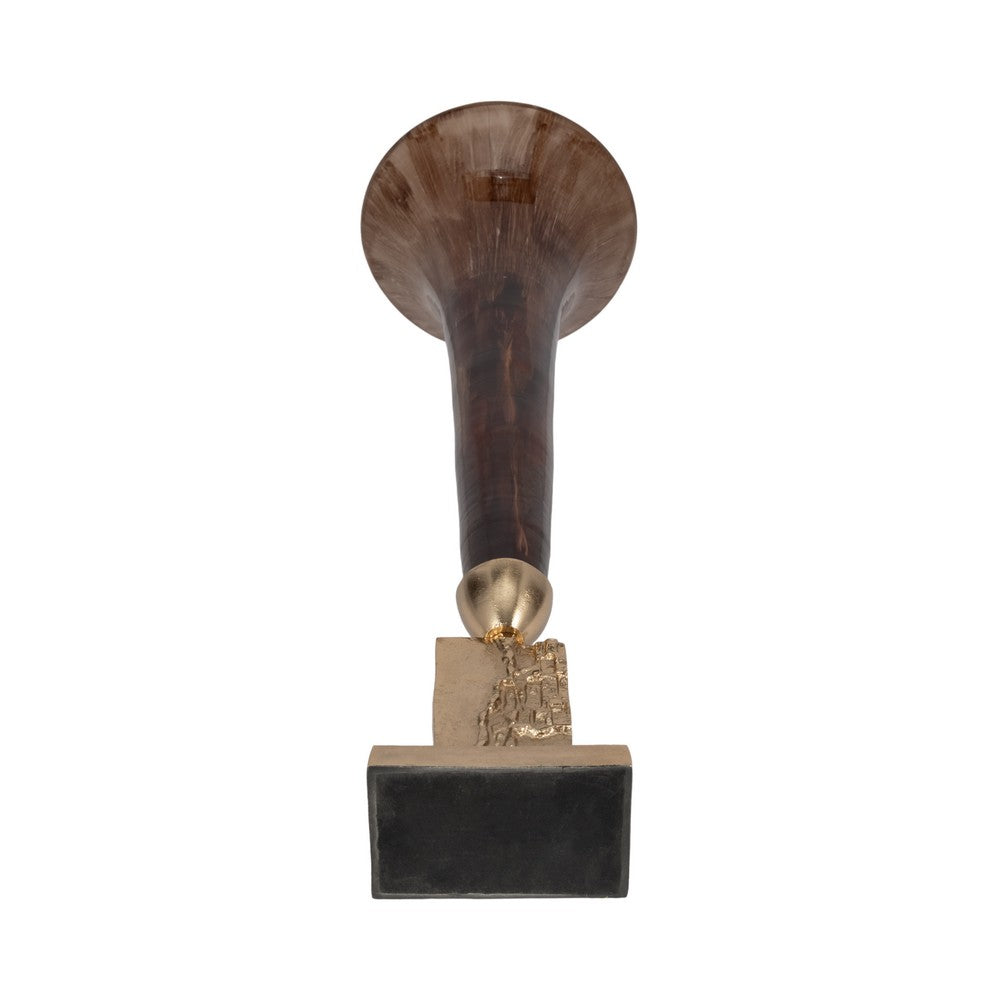 Decorative Accent Trumpet Floor Vase | Brown Glass | 31" Gold Base