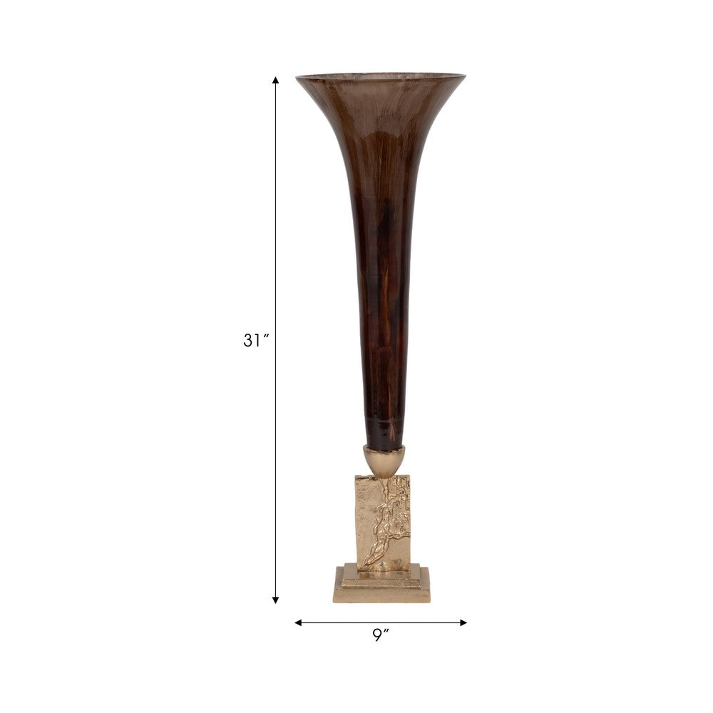 Decorative Accent Trumpet Floor Vase | Brown Glass | 31" Gold Base