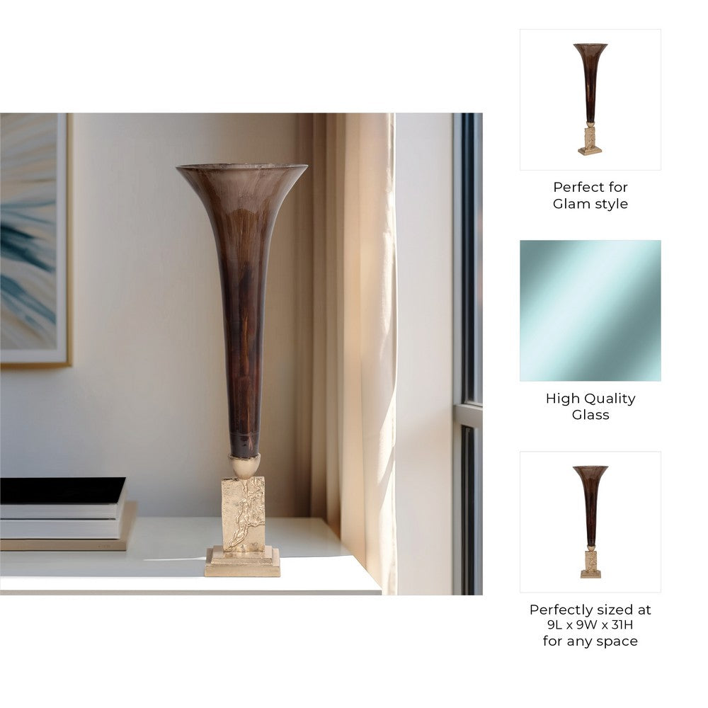 Decorative Accent Trumpet Floor Vase | Brown Glass | 31" Gold Base