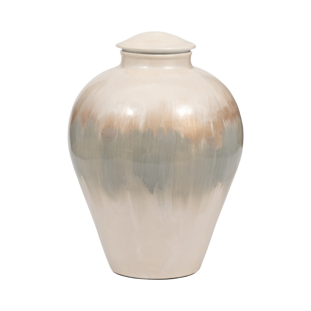 Temple Vase with Lid | Two-Tone Glazed Finish | Pearl White Metal 12"