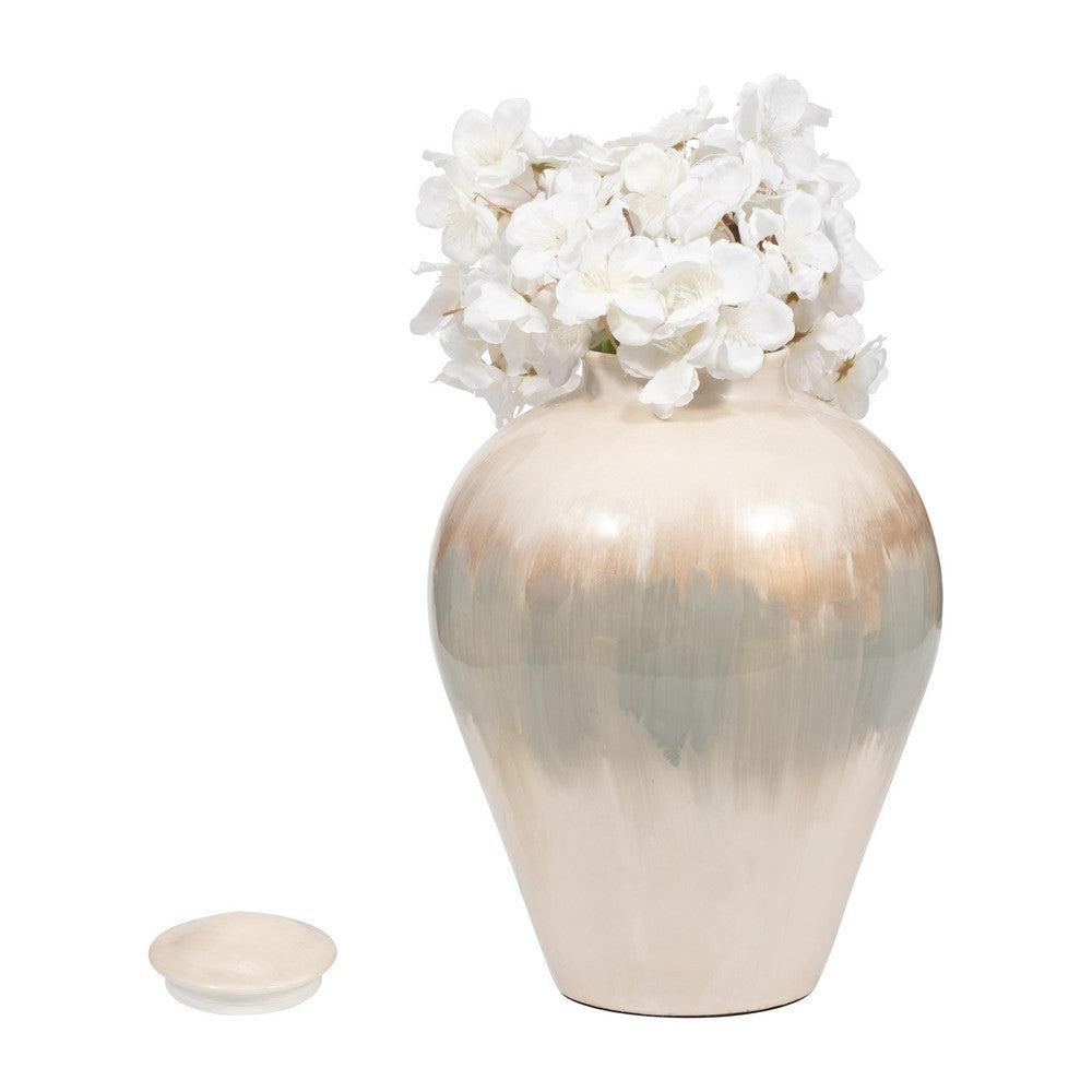 Temple Vase with Lid | Two-Tone Glazed Finish | Pearl White Metal 12"