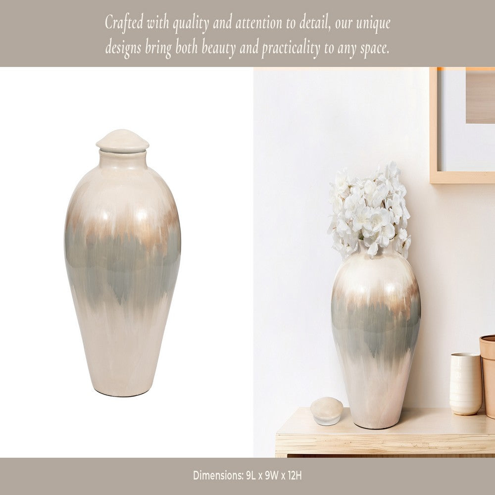 Temple Vase with Lid | Two-Tone Glazed Finish | Pearl White Metal 12"