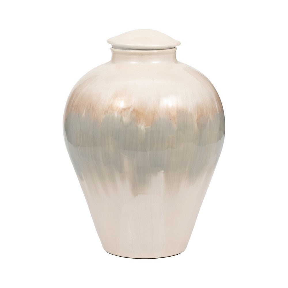 Temple Vase with Lid | Two-Tone Glazed Finish | Pearl White Metal 12"
