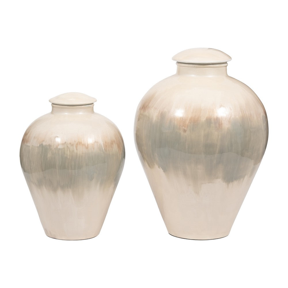 Temple Vase with Lid | Two-Tone Glazed Finish | Pearl White Metal 12"