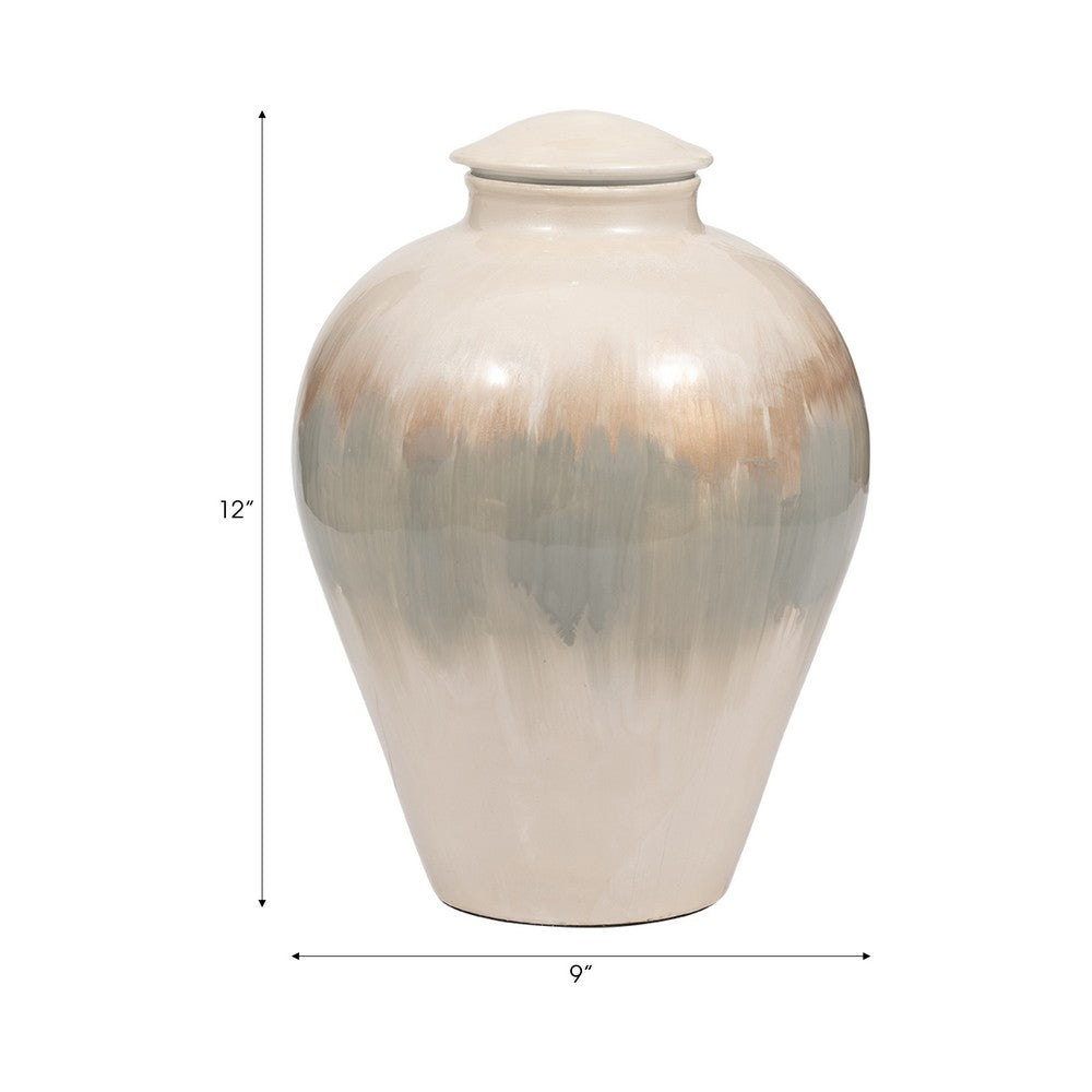 Temple Vase with Lid | Two-Tone Glazed Finish | Pearl White Metal 12"