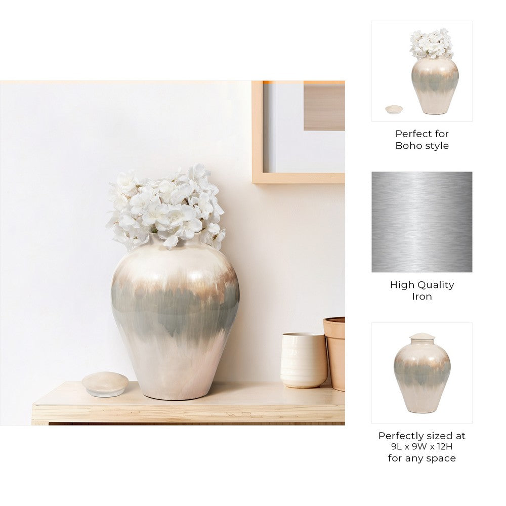 Temple Vase with Lid | Two-Tone Glazed Finish | Pearl White Metal 12"