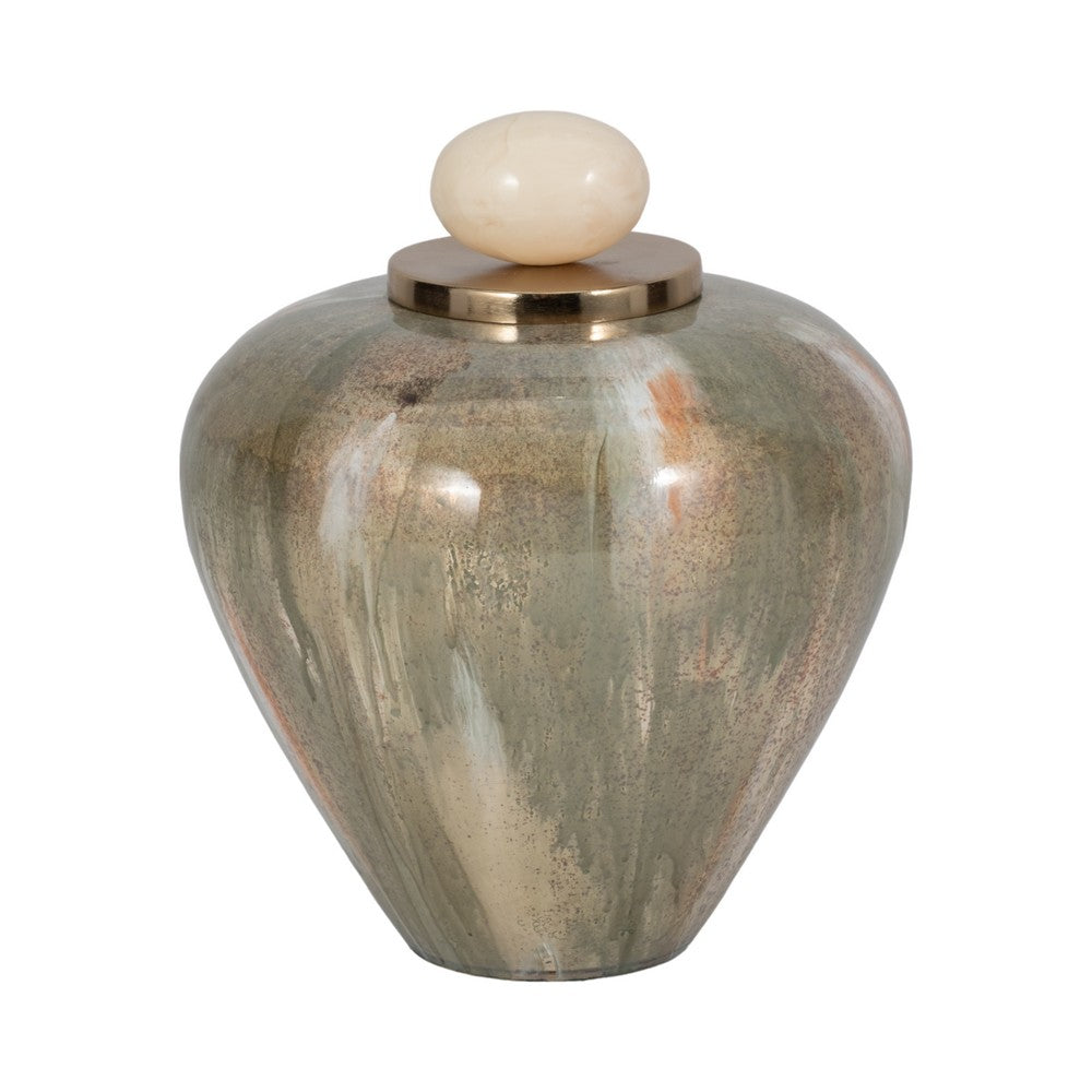 Decorative Temple Vase with Ornate Egg Shaped Topper | 9" Blush Green
