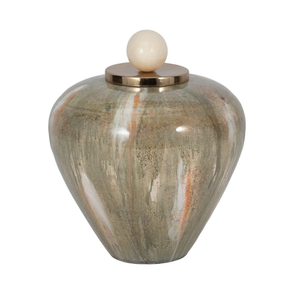 Decorative Temple Vase with Ornate Egg Shaped Topper | 9" Blush Green