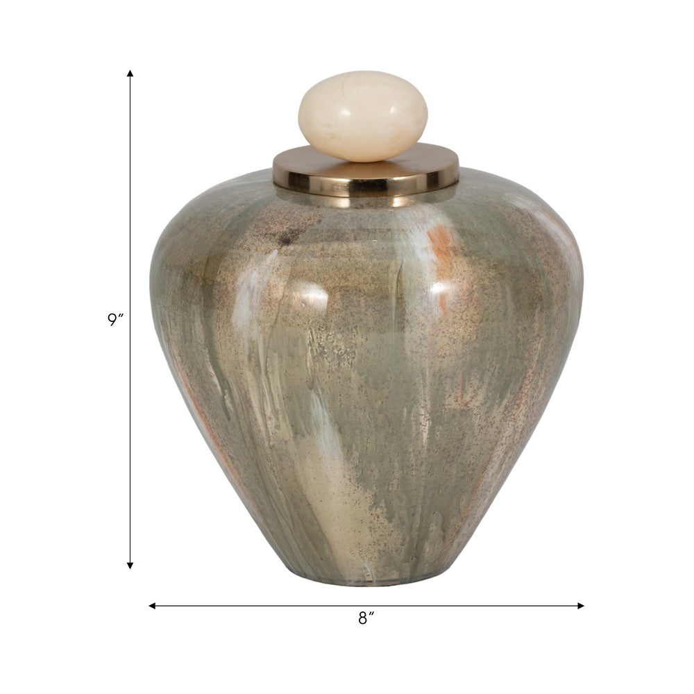Decorative Temple Vase with Ornate Egg Shaped Topper | 9" Blush Green