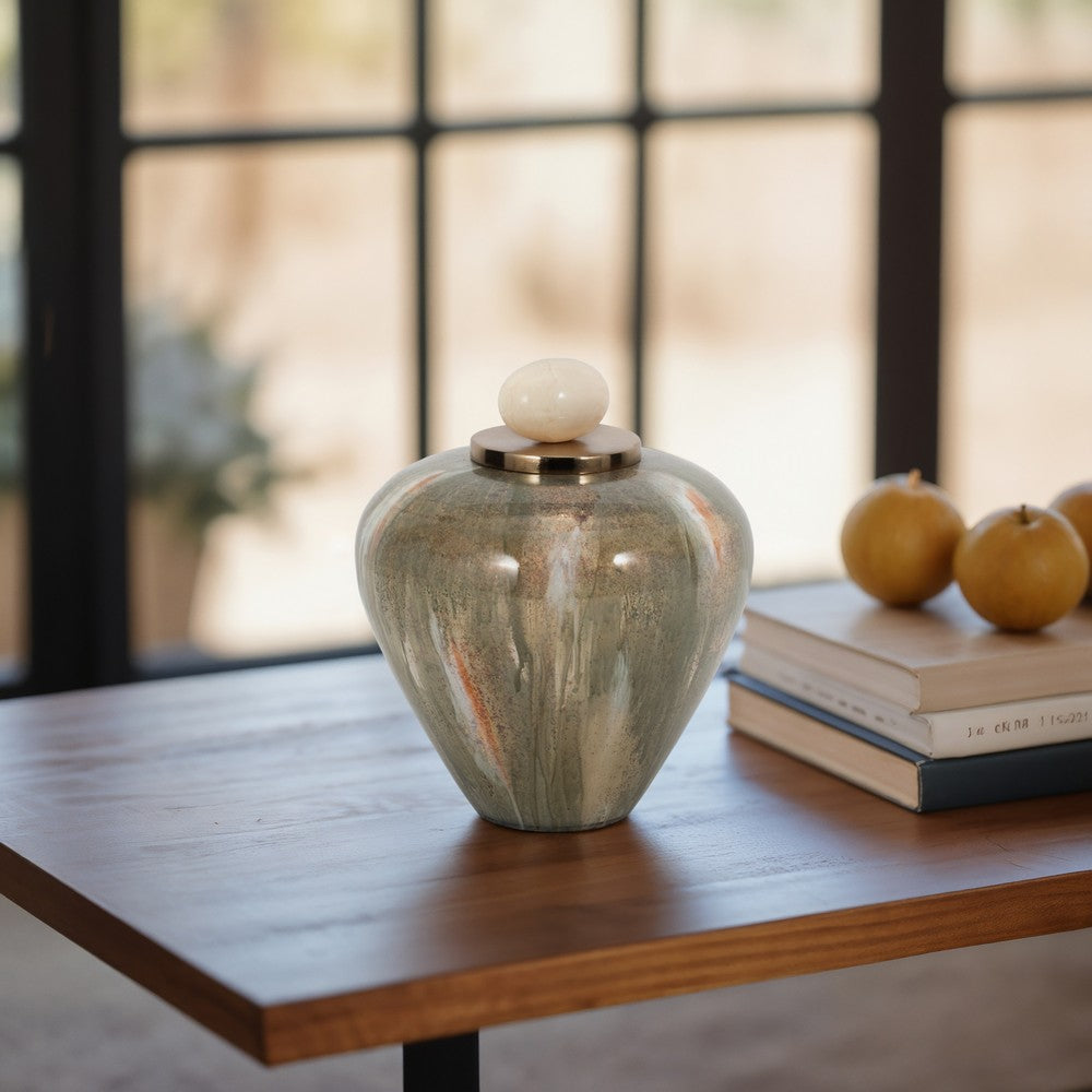 Decorative Temple Vase with Ornate Egg Shaped Topper | 9" Blush Green