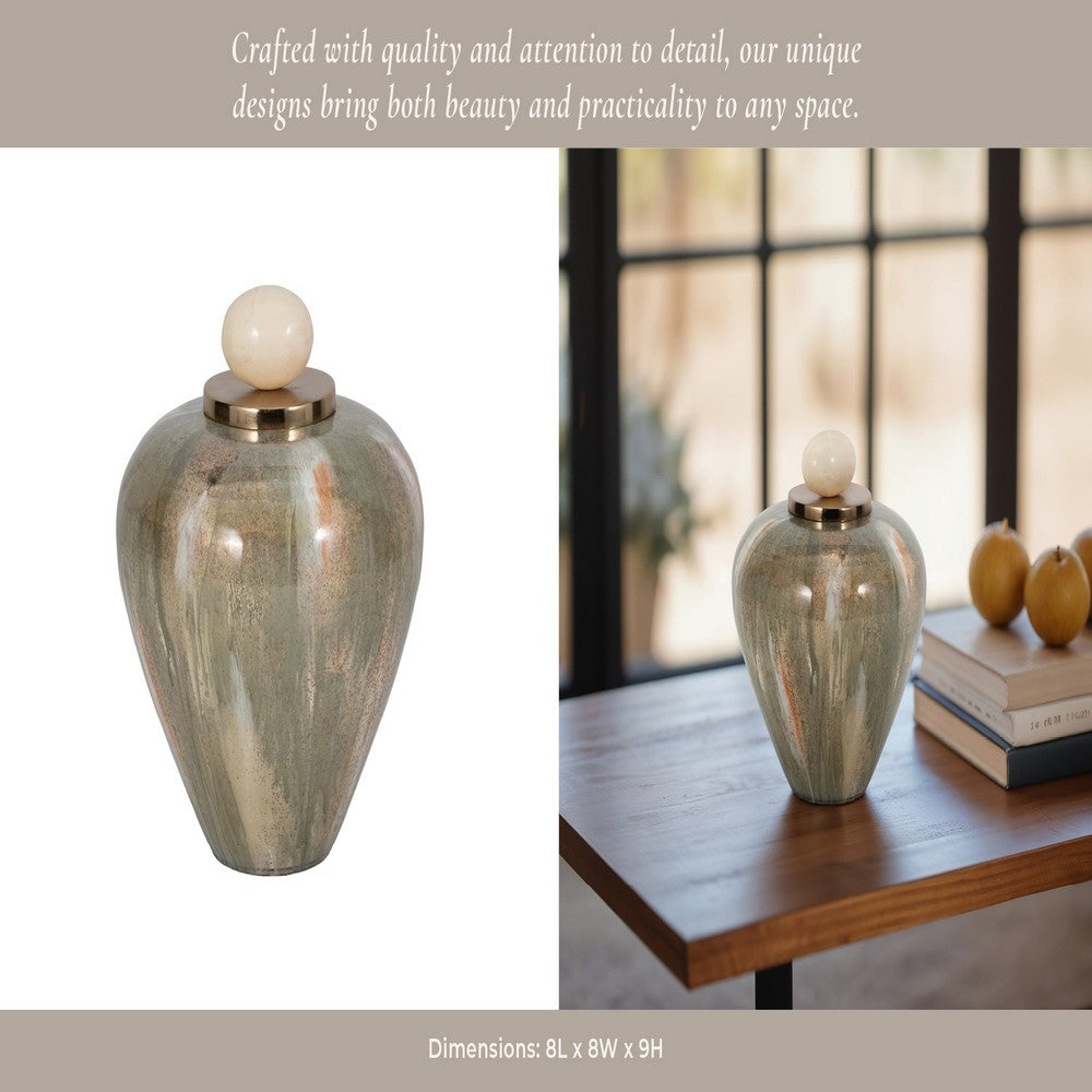 Decorative Temple Vase with Ornate Egg Shaped Topper | 9" Blush Green