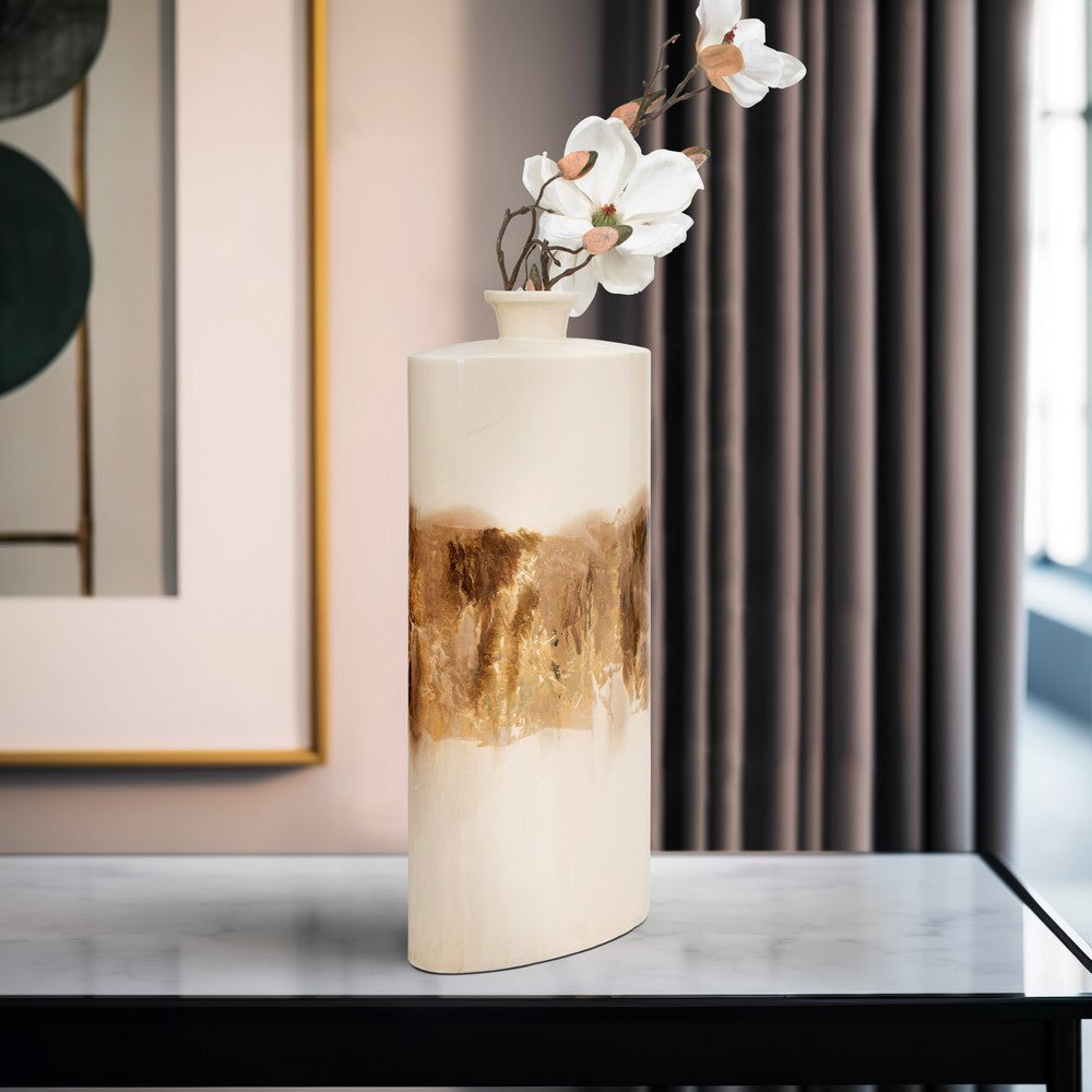Decorative Accent Flask Vase | Luxe 20" Pearl Ivory & Gold Iron