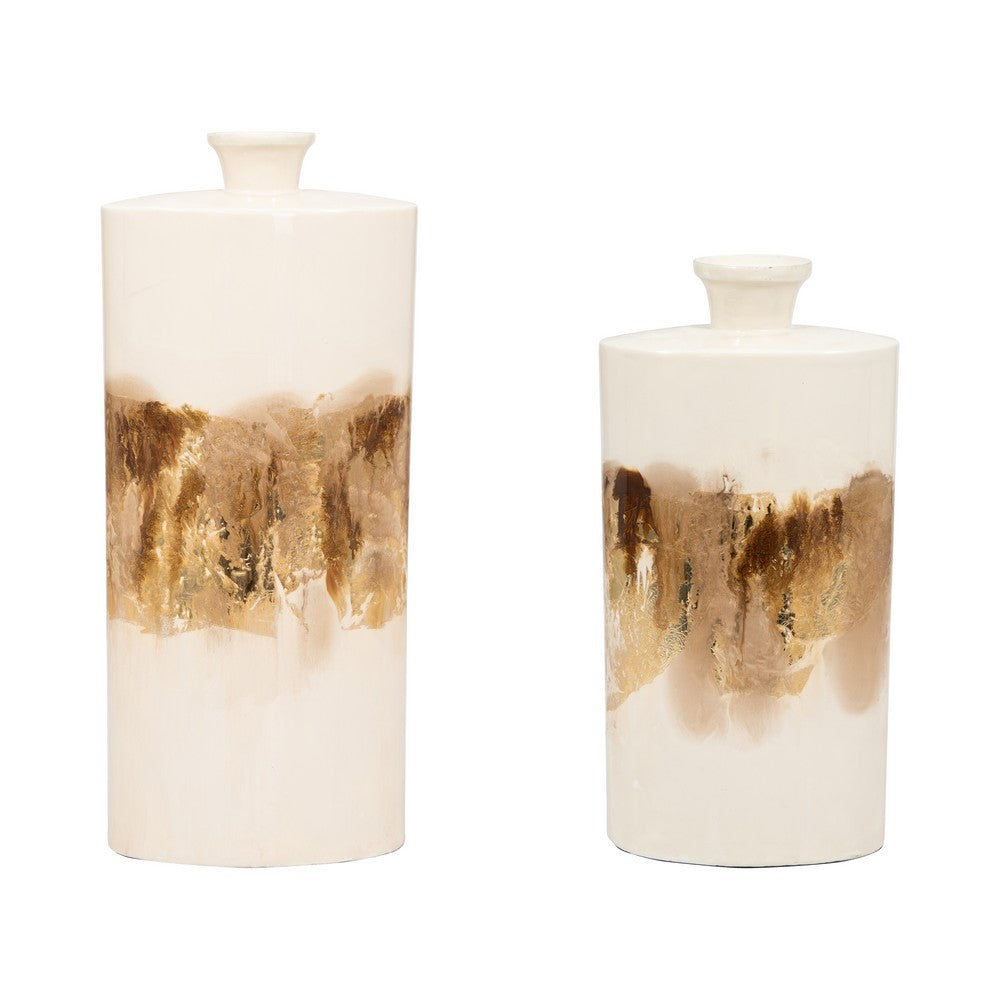 Decorative Accent Flask Vase | Luxe 20" Pearl Ivory & Gold Iron