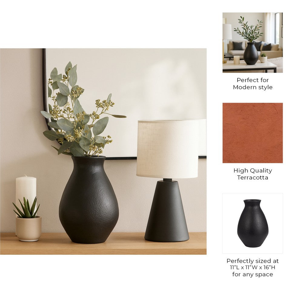 Flower Vase | Antique Style Tapered Neck | Organic Black Terracotta | 16"