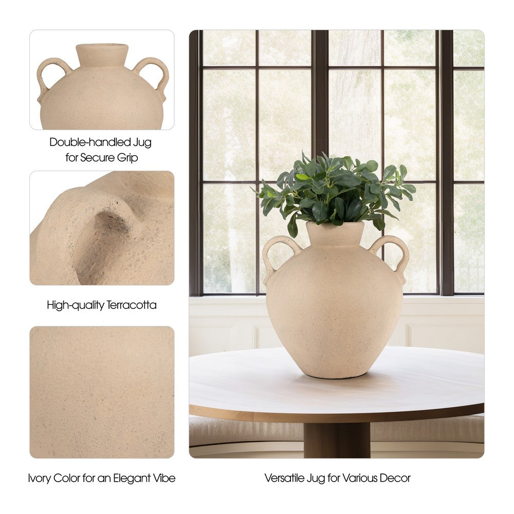 Umar Organic Jug | Curved Side Handles Flared Neck | Ivory Terracotta 16"