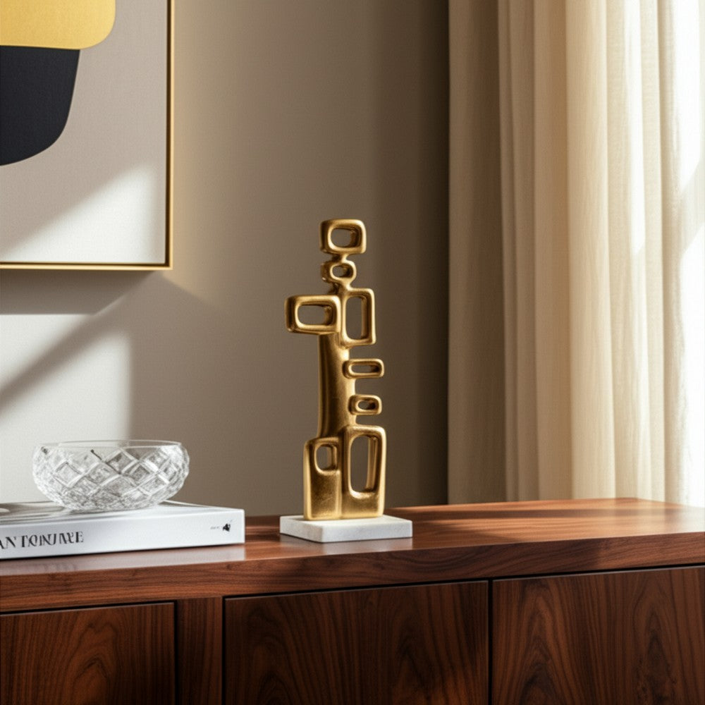 Contemporary Abstract Tabletop Decor | 21" Gold Metal | White Marble Base