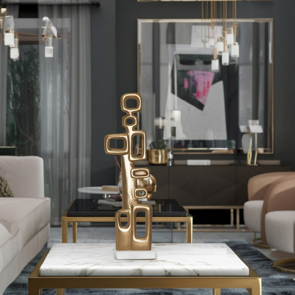 Contemporary Abstract Tabletop Decor | 21" Gold Metal | White Marble Base