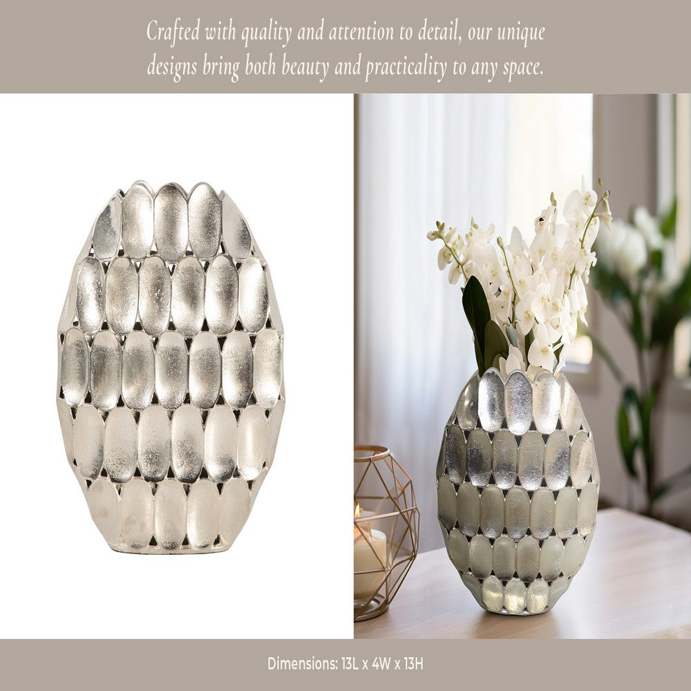 Sami Oval Vase | Modern Geometric Pattern | Silver Textured 13"