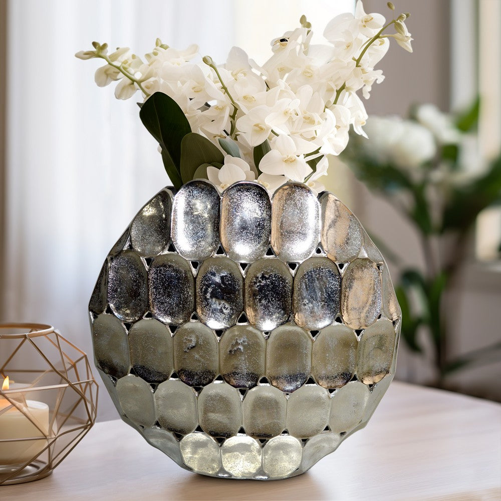Sami Flower Vase | Sculpted Geometric Accent | 17" Oval Silver