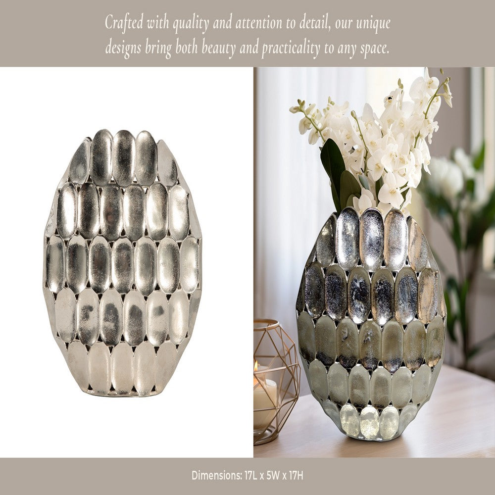 Sami Flower Vase | Sculpted Geometric Accent | 17" Oval Silver
