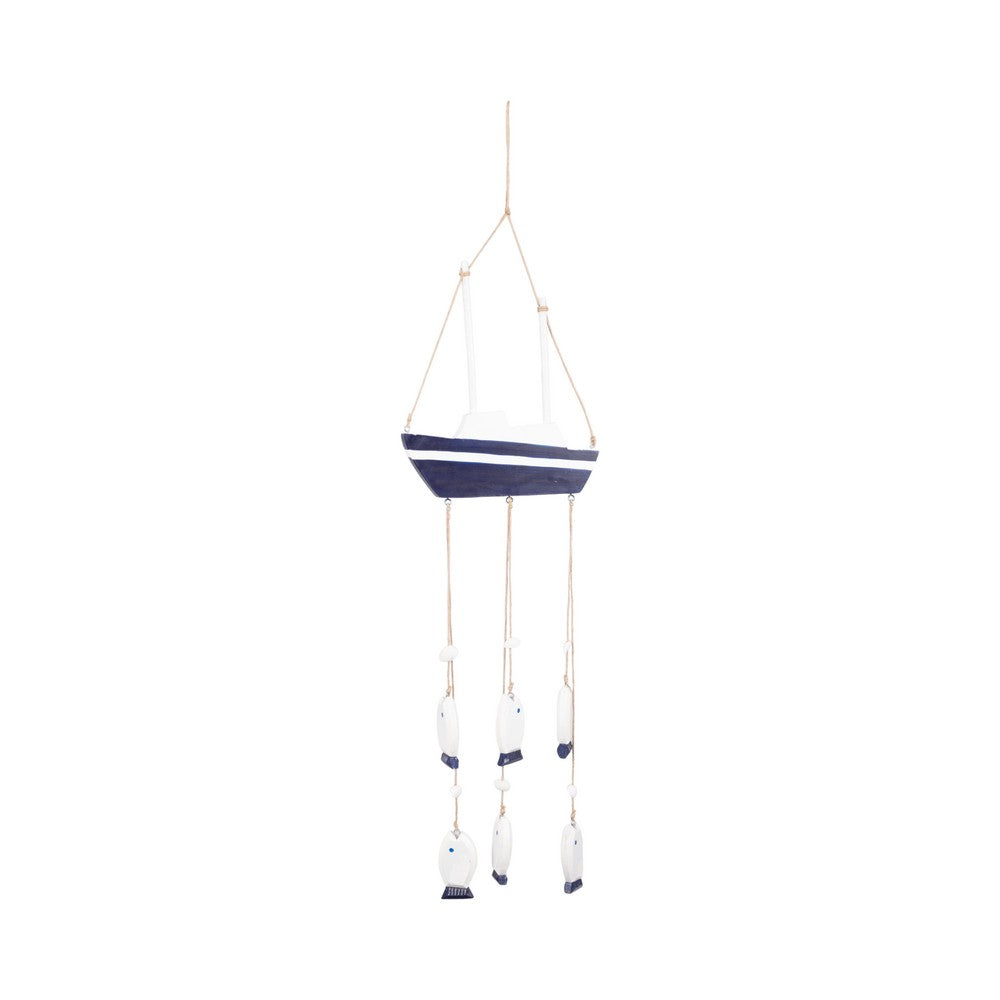 Decorative Sailboat Wind Chime w Hanging Blue Fish | Jute Accent | White