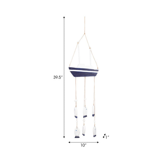 Decorative Sailboat Wind Chime w Hanging Blue Fish | Jute Accent | White