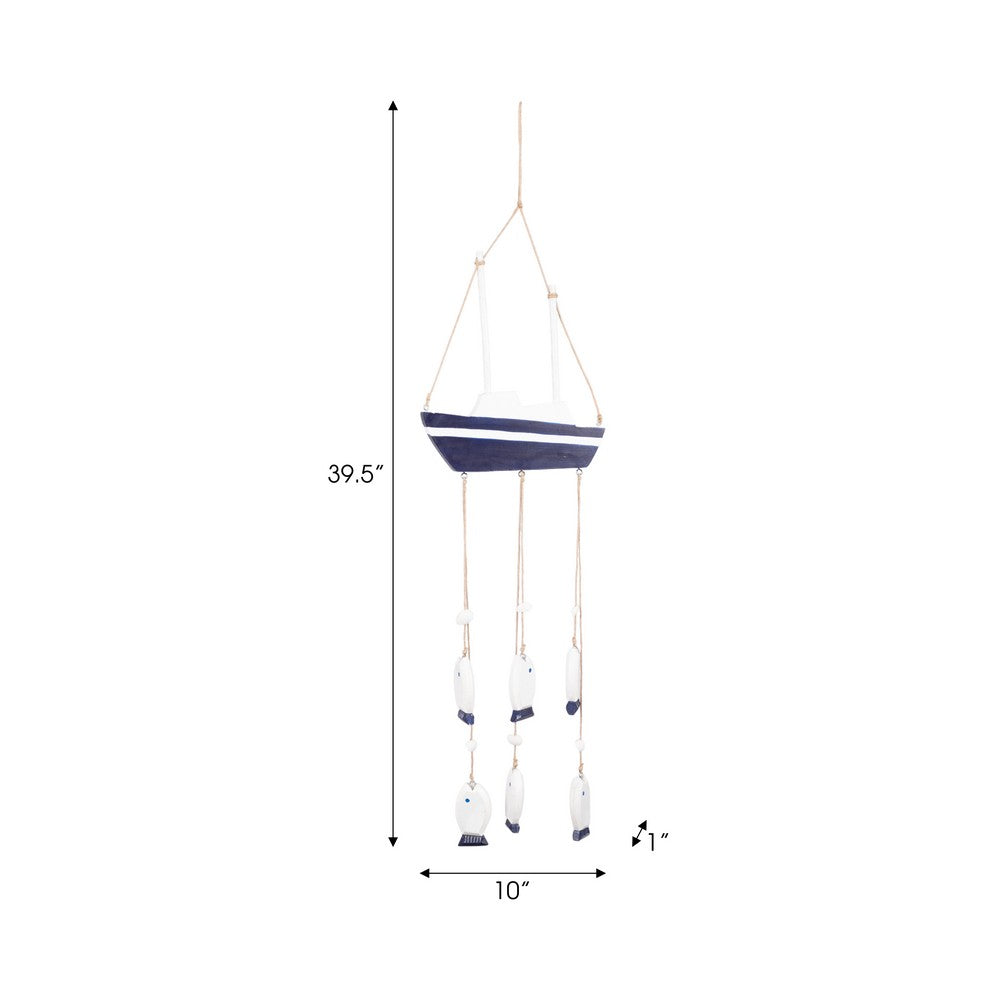 Decorative Sailboat Wind Chime w Hanging Blue Fish | Jute Accent | White