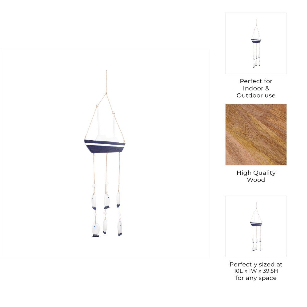 Decorative Sailboat Wind Chime w Hanging Blue Fish | Jute Accent | White