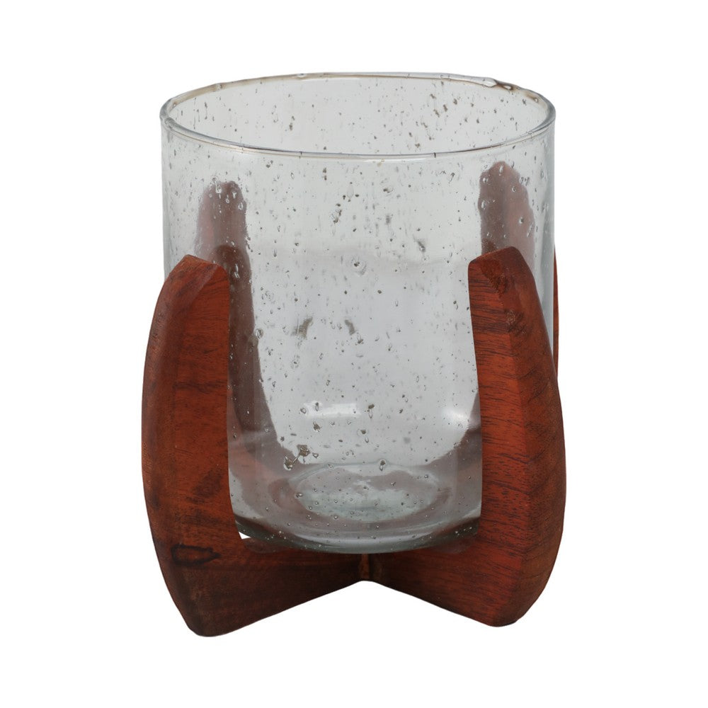 Votive Candle Holder | Brown Mango Wood X Base | 8" Glass Hurricane