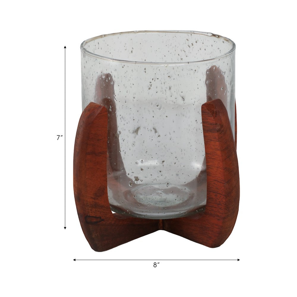 Votive Candle Holder | Brown Mango Wood X Base | 8" Glass Hurricane
