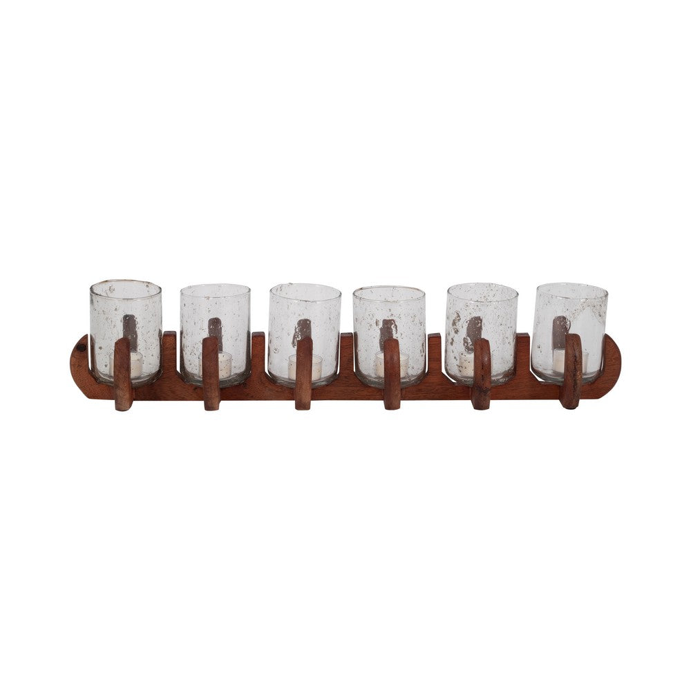 Decorative Candle Holder with 6 Glass Votive Holders and Brown Wood Base
