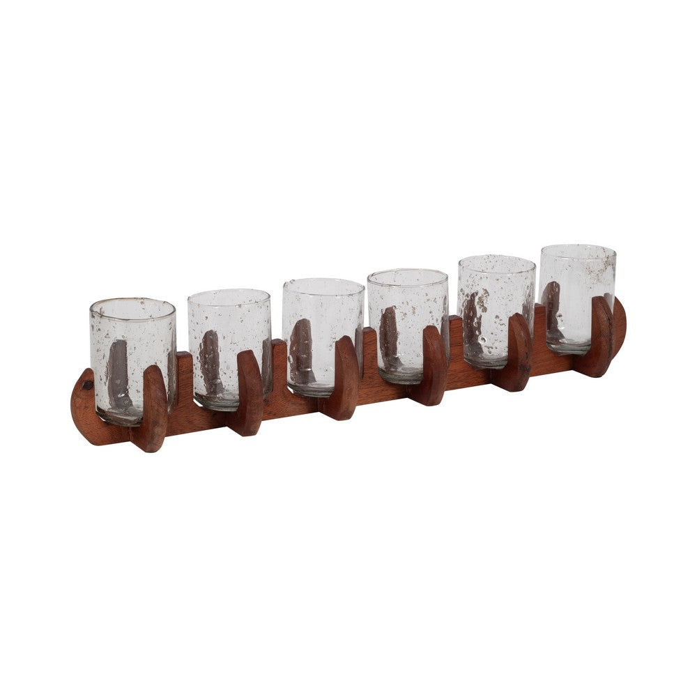 Decorative Candle Holder with 6 Glass Votive Holders and Brown Wood Base SBH-18818