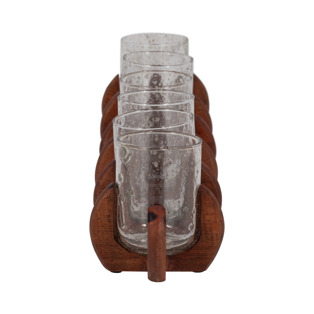 Decorative Candle Holder with 6 Glass Votive Holders and Brown Wood Base