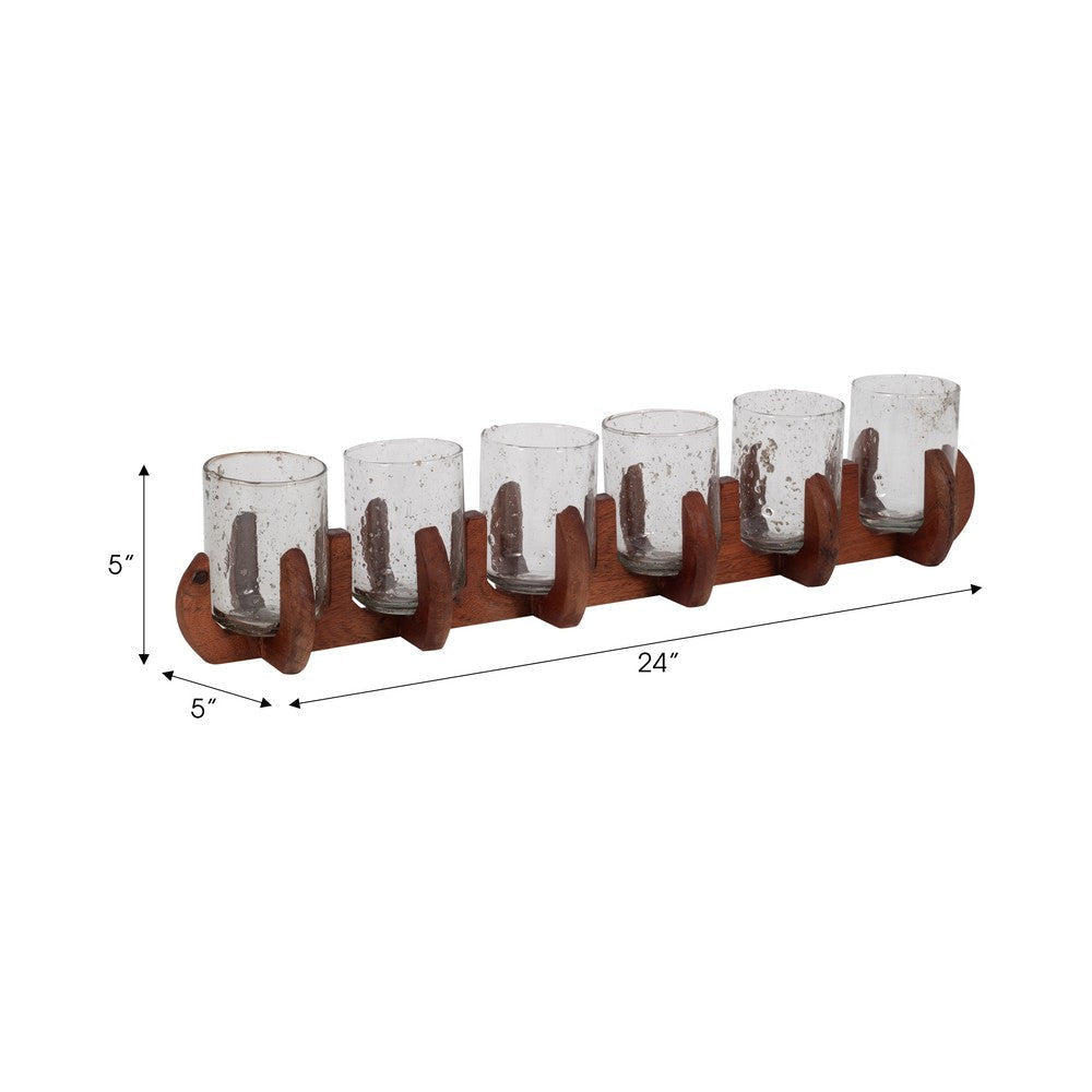 Decorative Candle Holder with 6 Glass Votive Holders and Brown Wood Base
