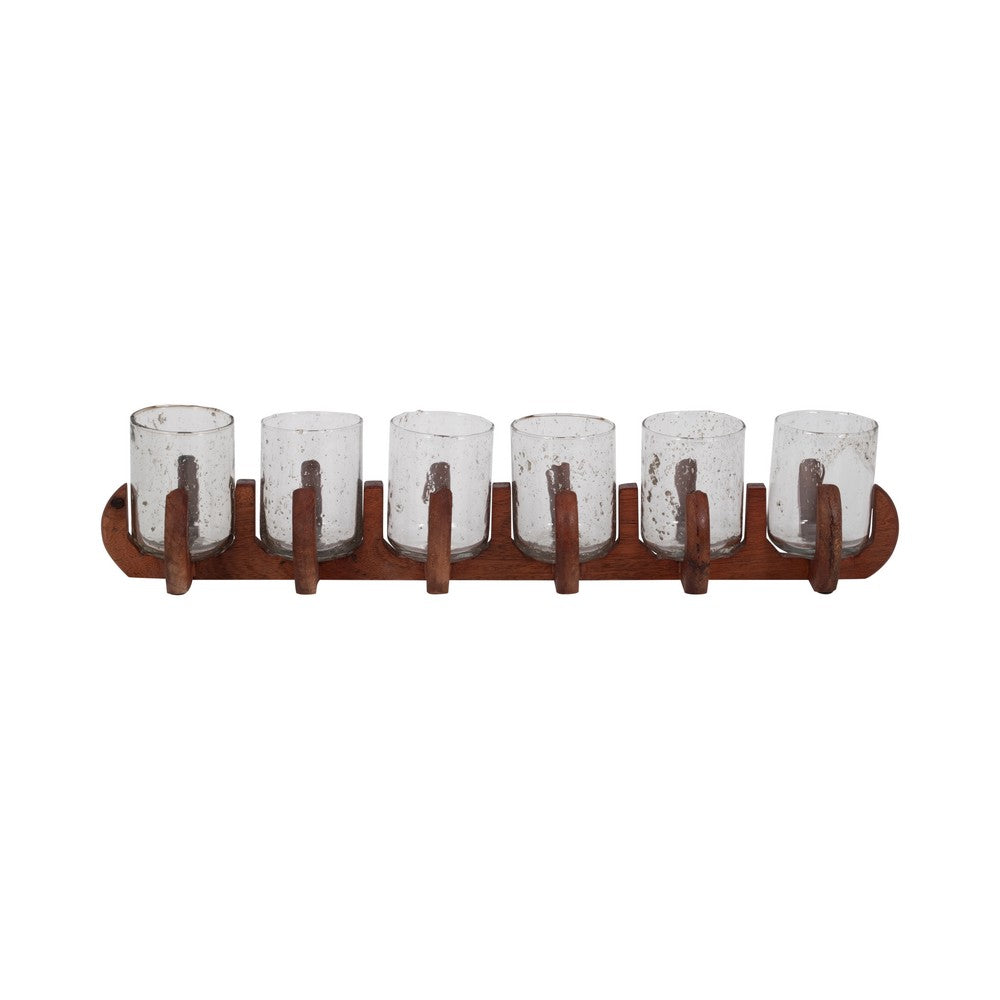 Decorative Candle Holder with 6 Glass Votive Holders and Brown Wood Base