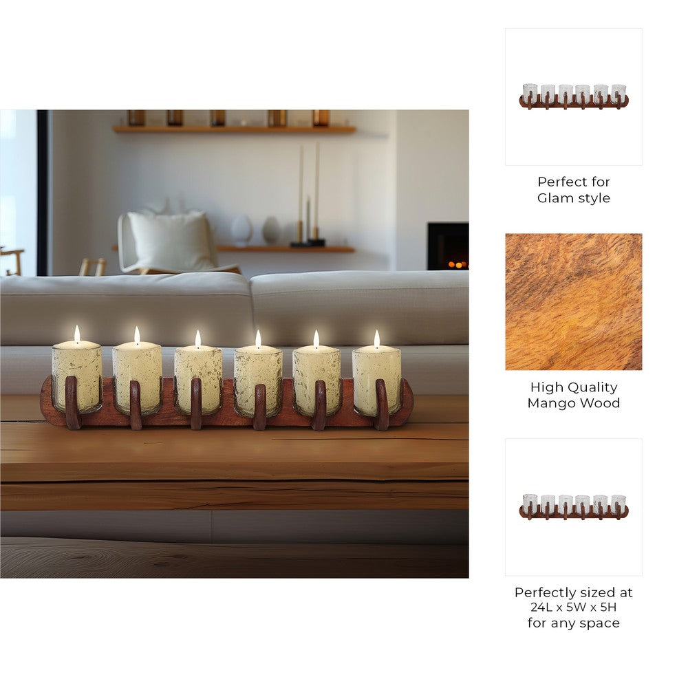 Decorative Candle Holder with 6 Glass Votive Holders and Brown Wood Base