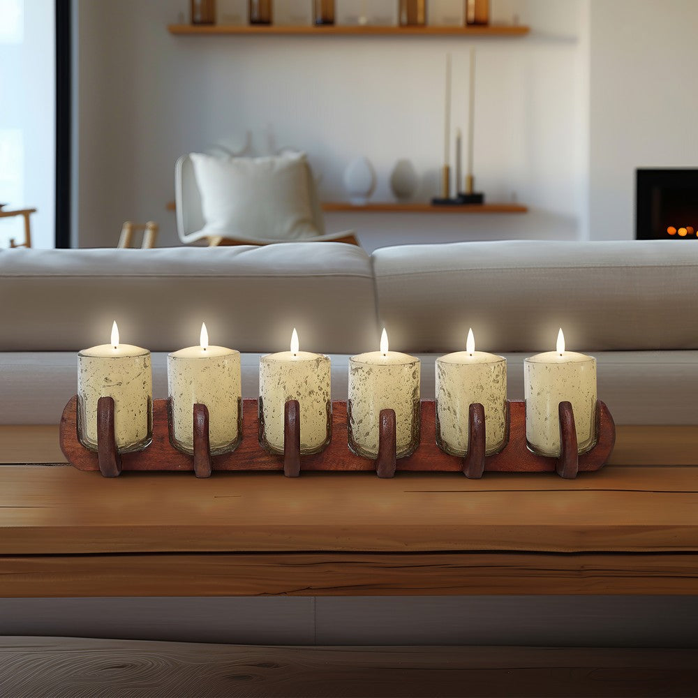 Decorative Candle Holder with 6 Glass Votive Holders and Brown Wood Base