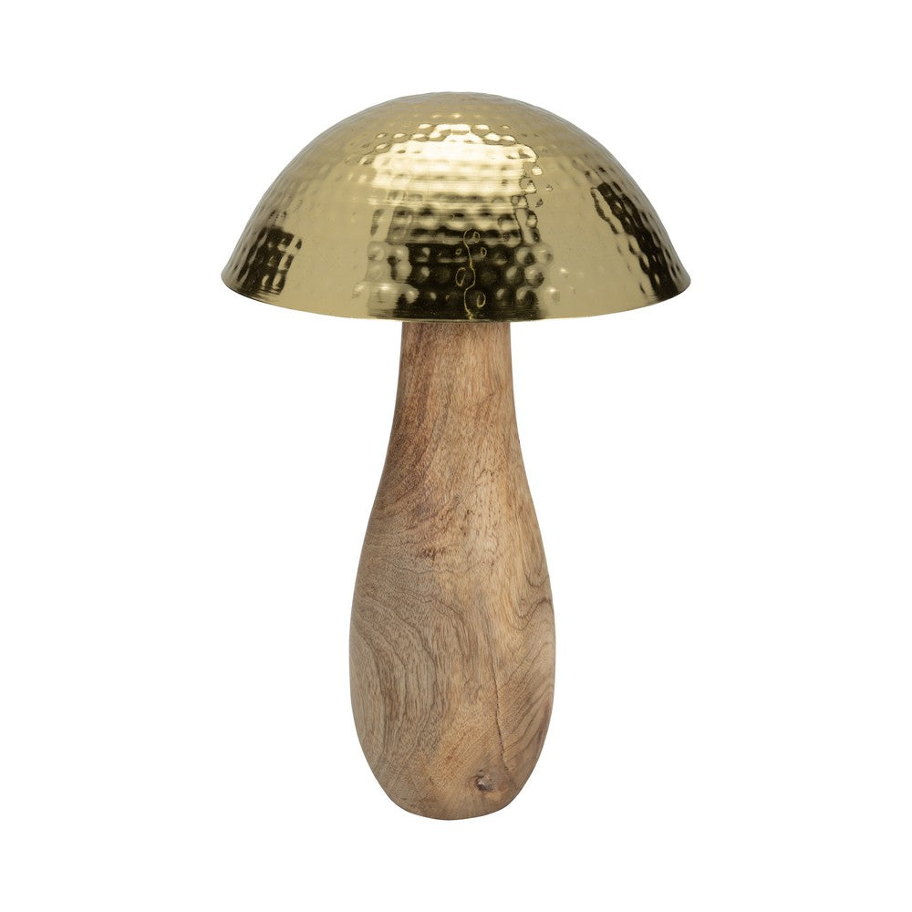 Mushroom Decor Sculpture | Hammered Gold Top | 16" Brown Mango Wood