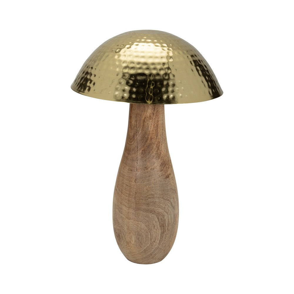 Mushroom Decor Sculpture | Hammered Gold Top | 16" Brown Mango Wood