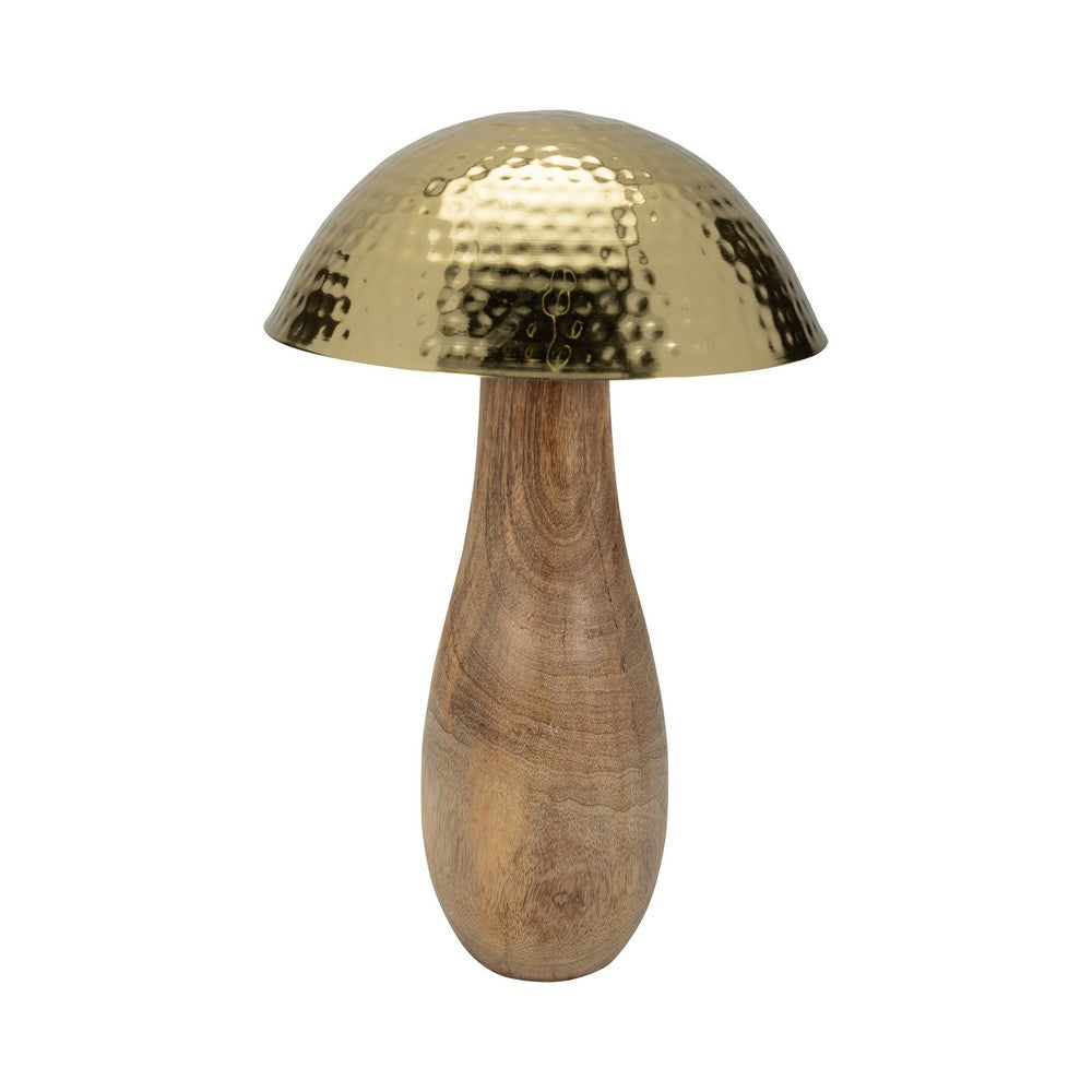Mushroom Decor Sculpture | Hammered Gold Top | 16" Brown Mango Wood